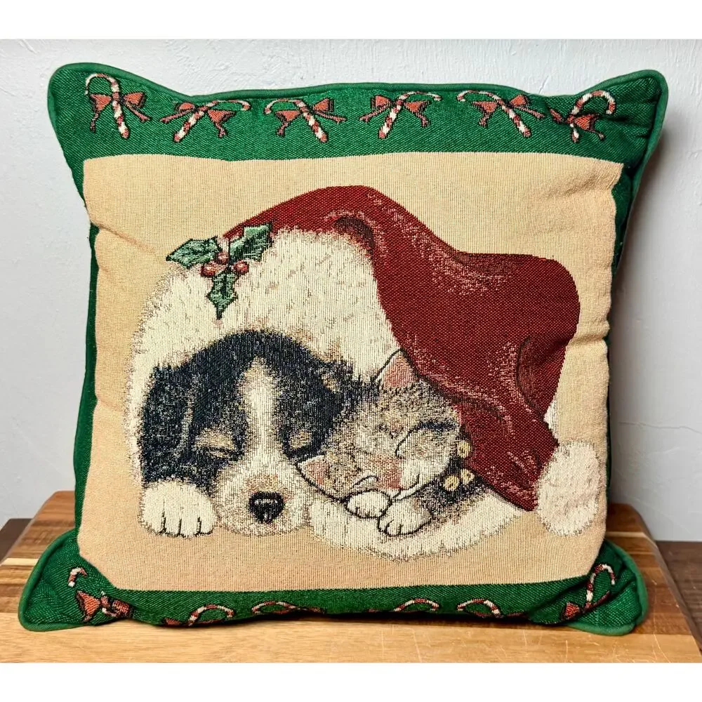 Vintage Newport Christmas Tapestry Pillow | Puppy Kitten Santa Hat Holiday Decor